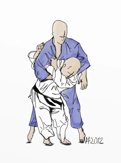 Two judoka demonstrate ippon-seoi-nage on a mat