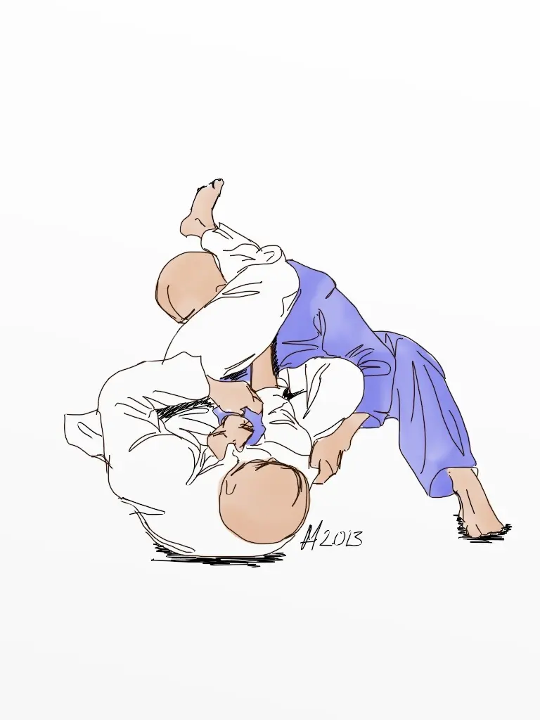 Two judoka demonstrate juji-gatame on a mat