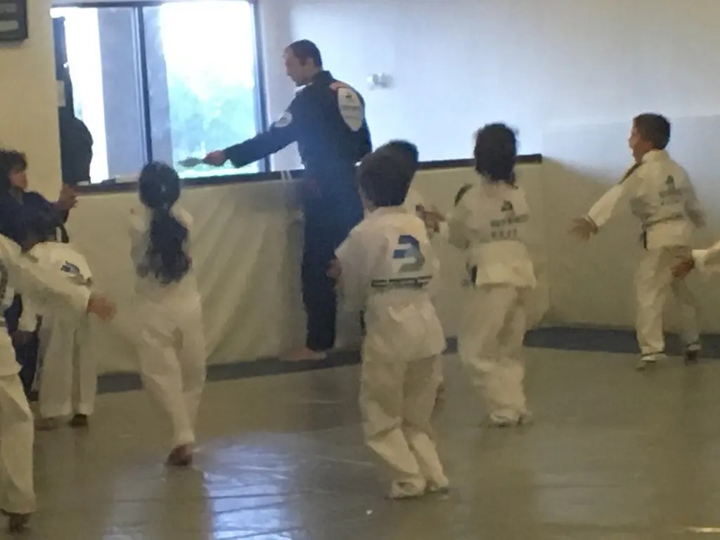 Karate students practise together in a dojo