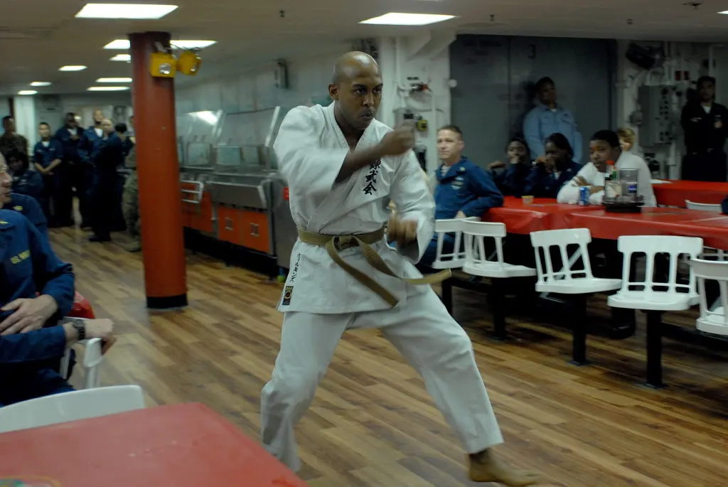 A practitioner demonstrates Okinawan-style Karate techniques
