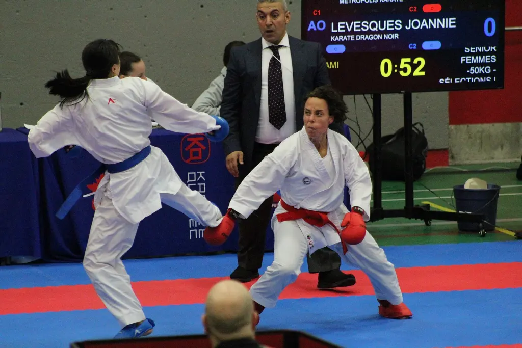 Karate competitors and officials on a tournament tatami