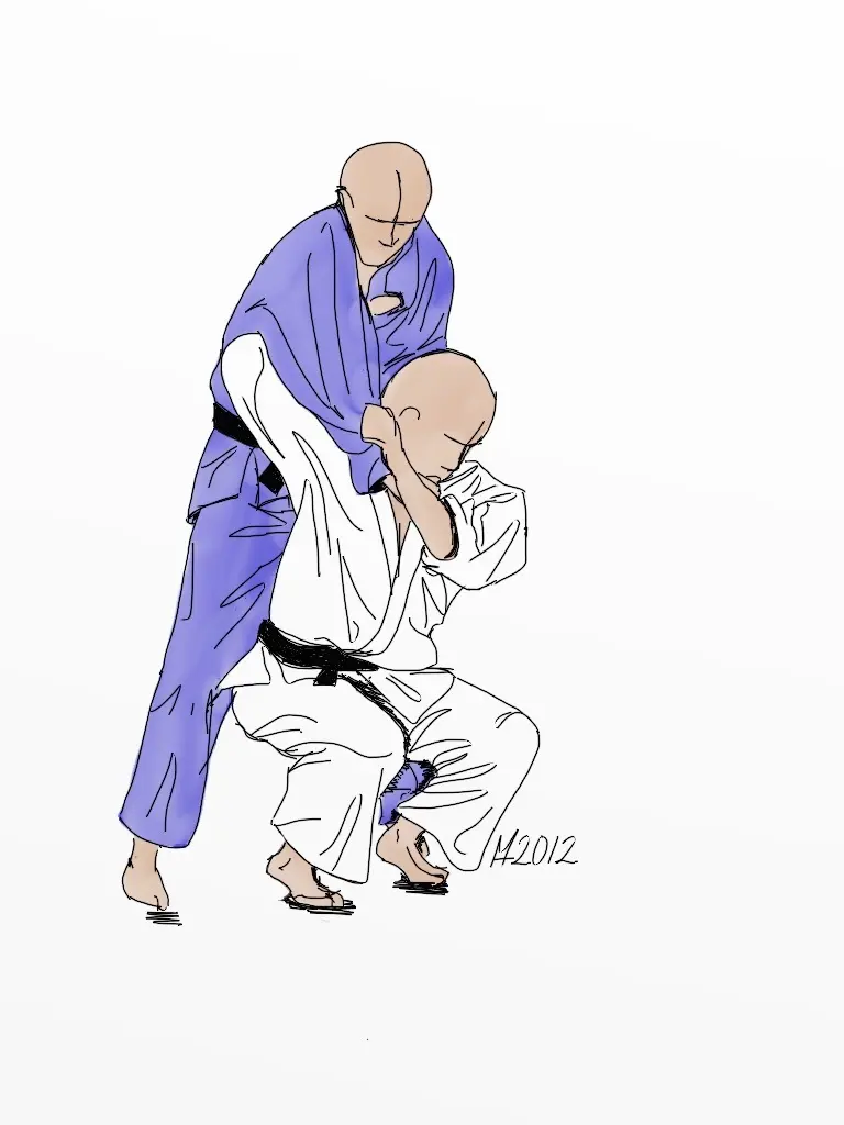 Two judoka demonstrate morote-seoi-nage on a mat