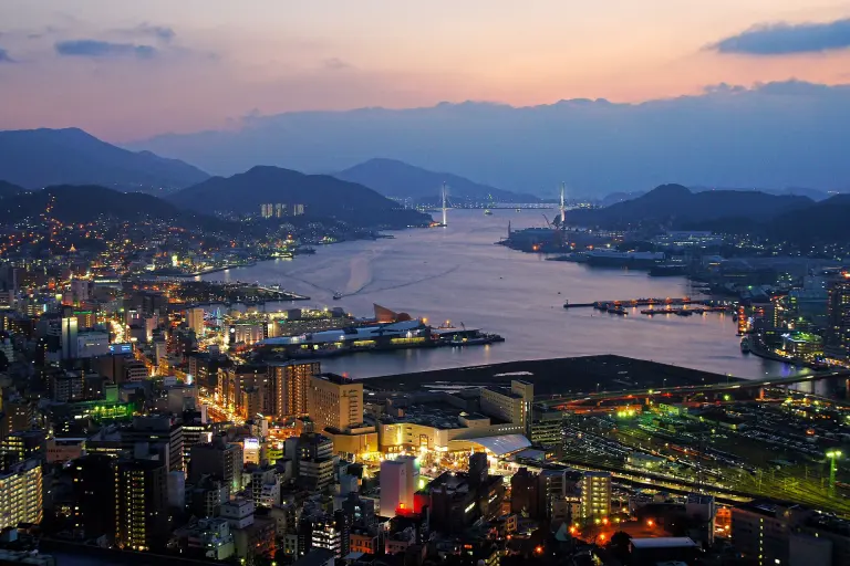 Nagasaki city and harbor spreading through a steep-sided valley