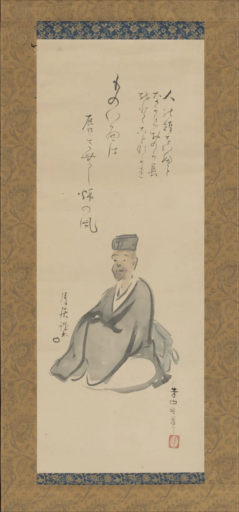 Portrait of the poet Matsuo Bashō seated and holding a staff