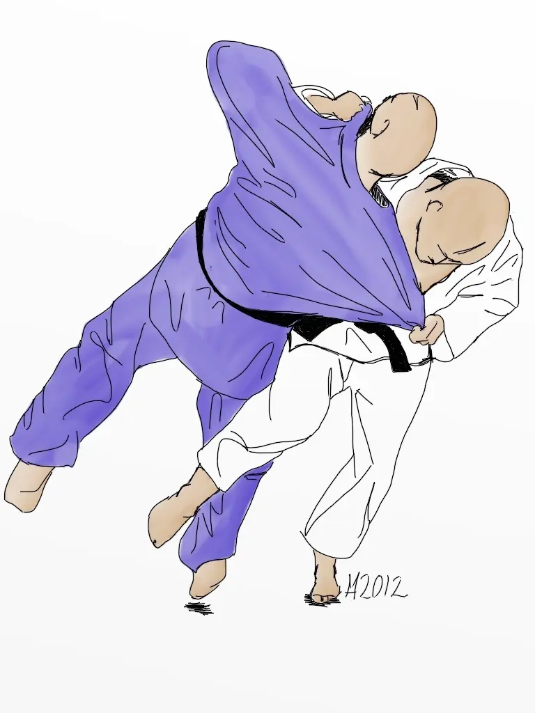 Two judoka demonstrate o-soto-gari on a mat