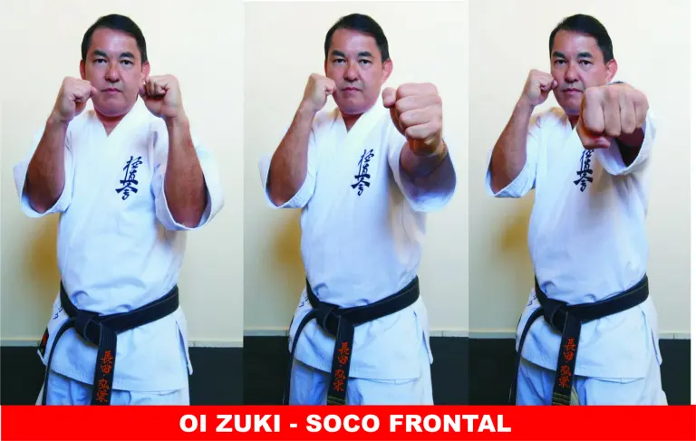 Three-frame demonstration of oi-zuki by a Karate practitioner