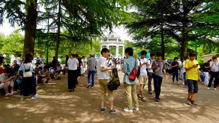 Crowd gathered around the bandstand in Tsuruma Park in Nagoya to play Pokémon GO