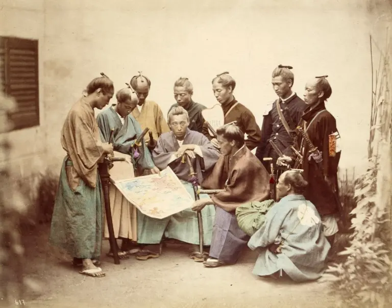 A nineteenth-century group portrait of samurai with weapons and equipment.