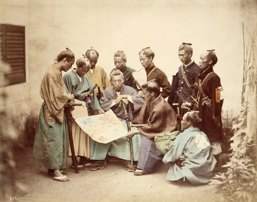 A nineteenth-century group portrait of samurai with weapons and equipment.