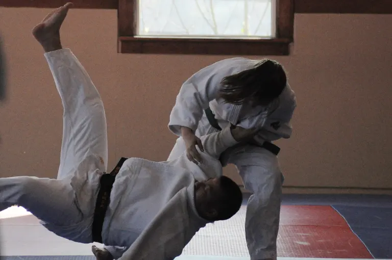 One judoka throws another during a Judo demonstration on tatami mats