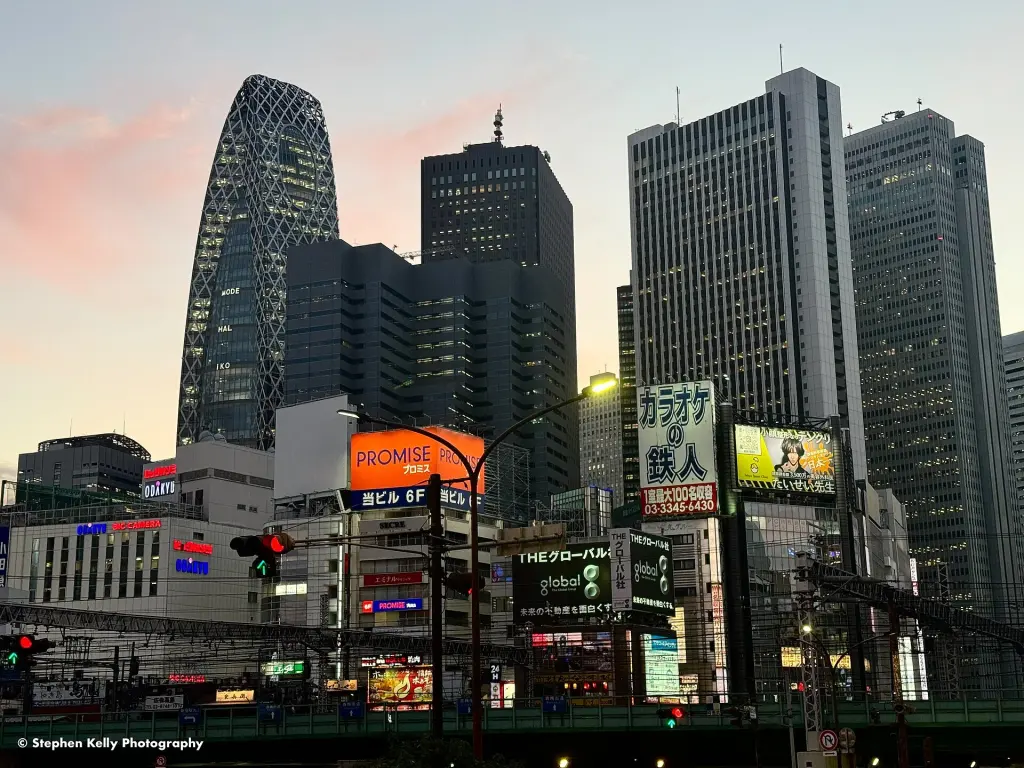 Shinjuku high-rise buildings under an evening sky in Tokyo