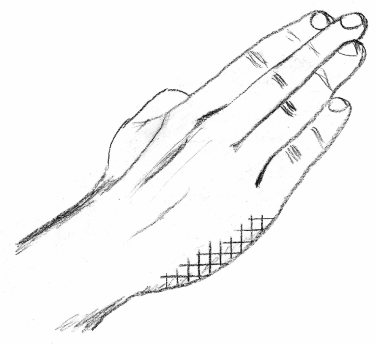 Illustration of an open knife hand with the outer little-finger edge highlighted in red