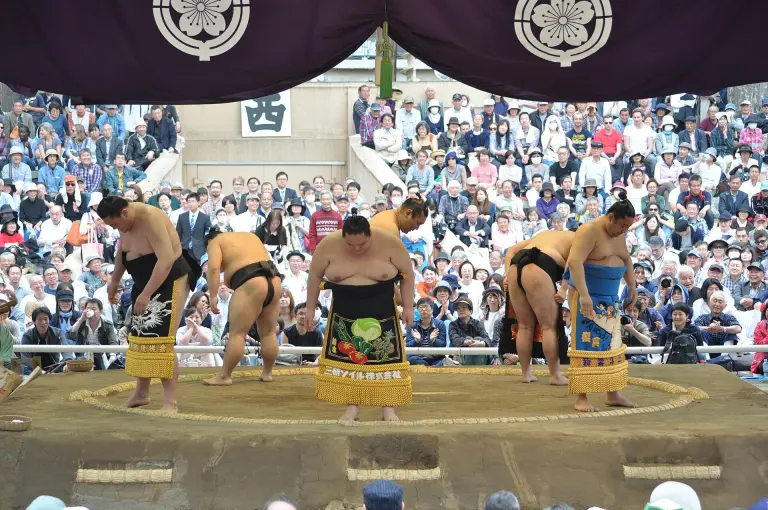 Sumo wrestlers standing together during a sumo jinku performance