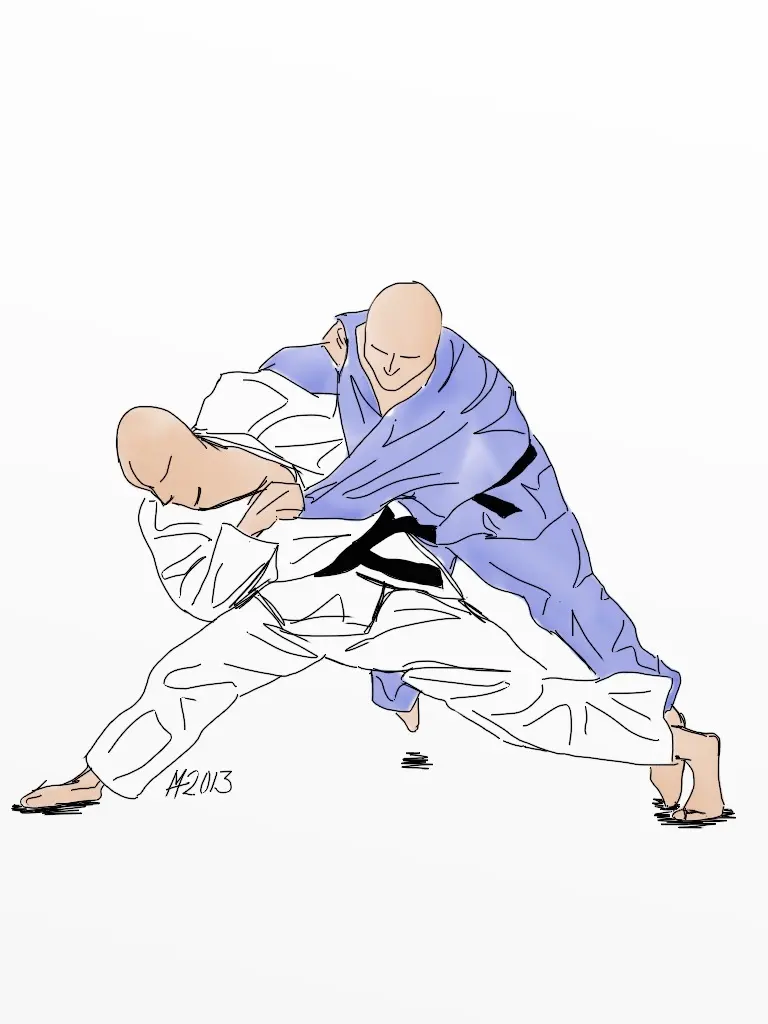 Two judoka demonstrate tai-otoshi on a mat
