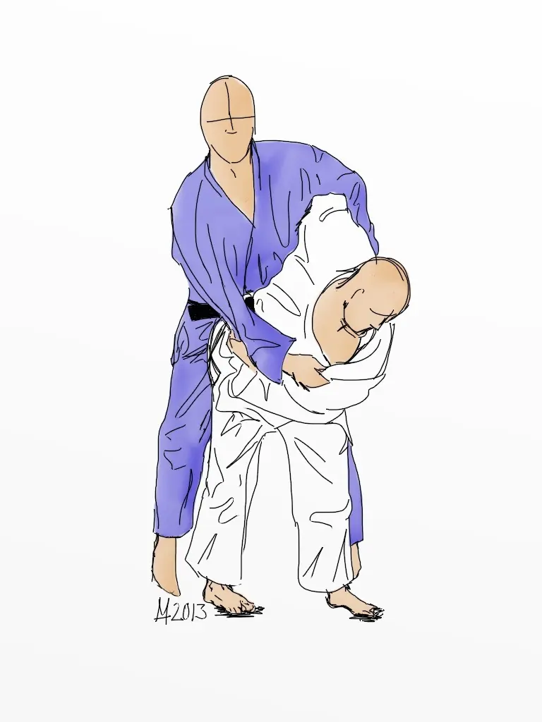 Two judoka demonstrate uki-goshi on a mat