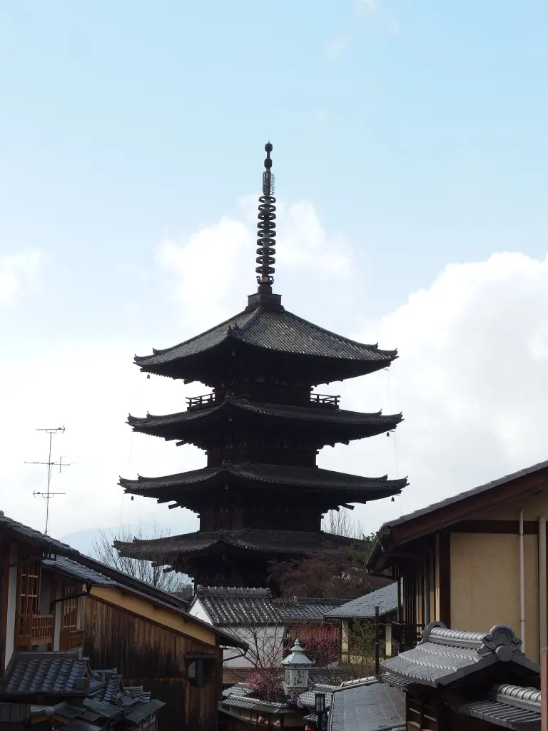 Yasaka Pagoda above tiled roofs and a sloping street in Kyoto’s Higashiyama district
