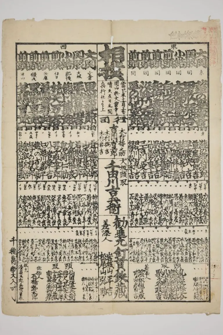 Historical vertical sumo banzuke sheet filled with dense black Japanese calligraphy