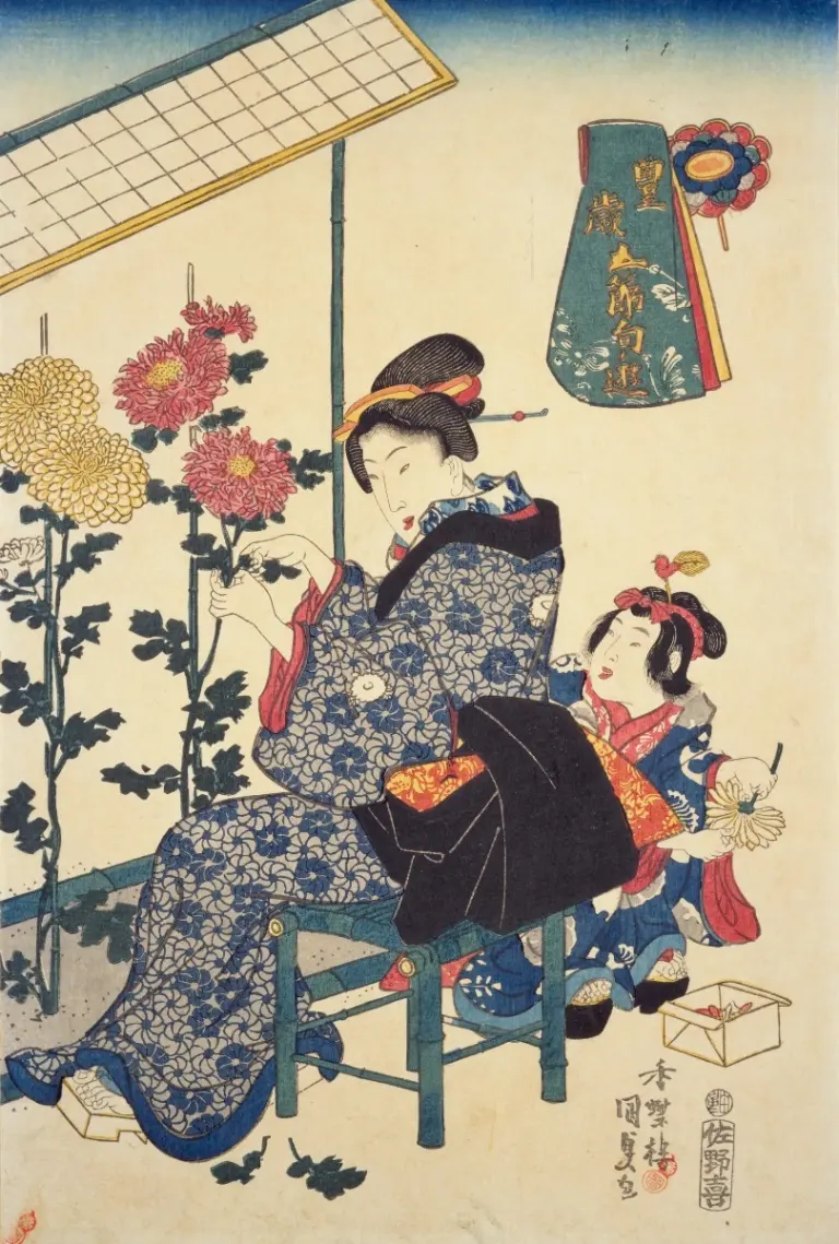 Woman and child beside flowering chrysanthemums in an ukiyo-e print for the Double Ninth Festival