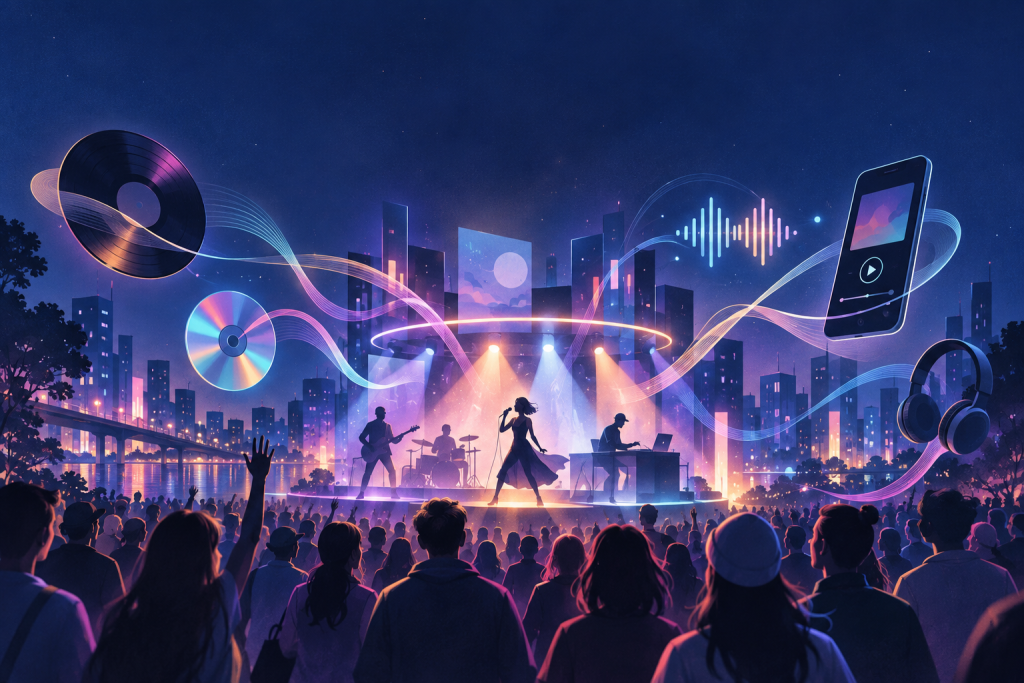 Anonymous singers, instrumentalists and an electronic producer perform before an audience as ribbons of sound connect a vinyl record, compact disc, waveform, headphones and a streaming device