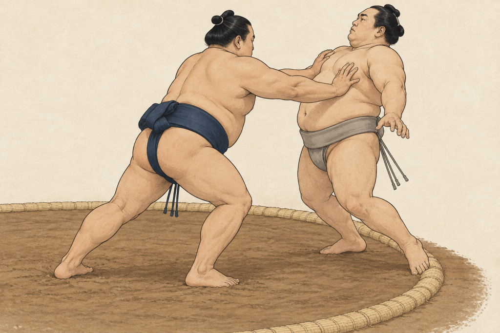 An indigo-mawashi sumo wrestler uses both open hands to push a gray-mawashi opponent across the dohyō boundary