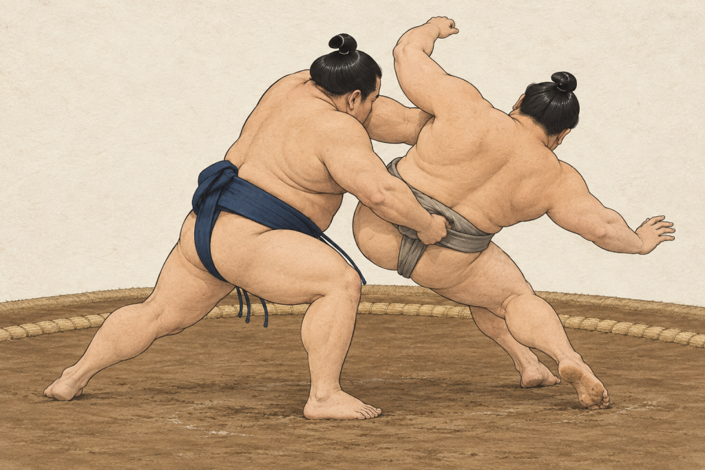 An indigo-mawashi sumo wrestler lowers and turns while throwing an opponent from an inside belt grip beneath the opponent’s arm