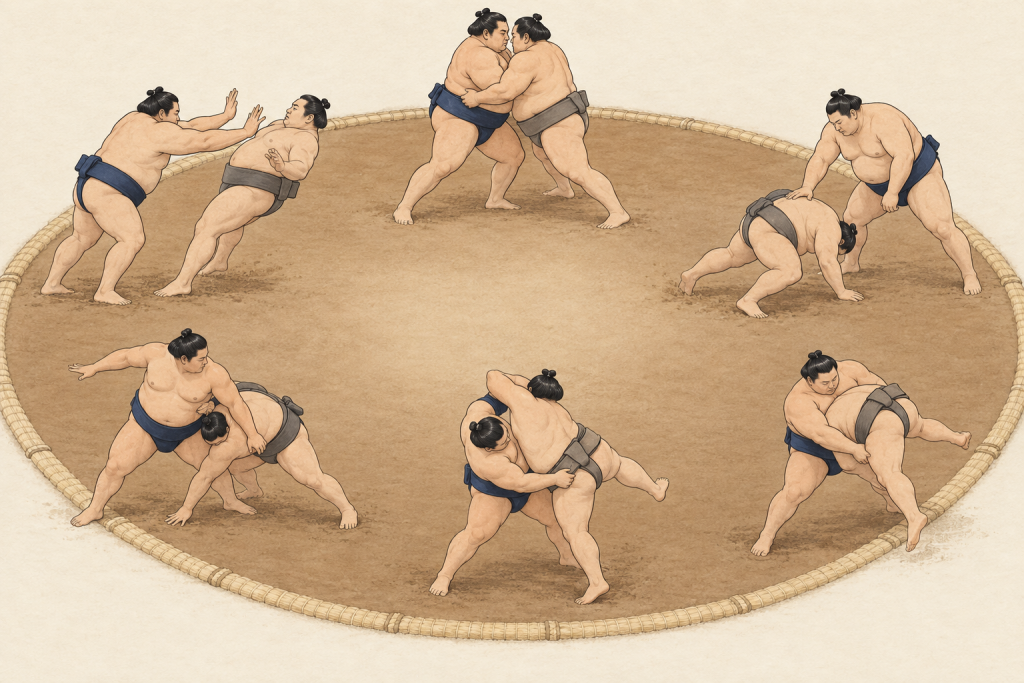 Six pairs of sumo wrestlers demonstrate pushing, force-out, slap-down, thrust-down, and two belt throws around a dohyō