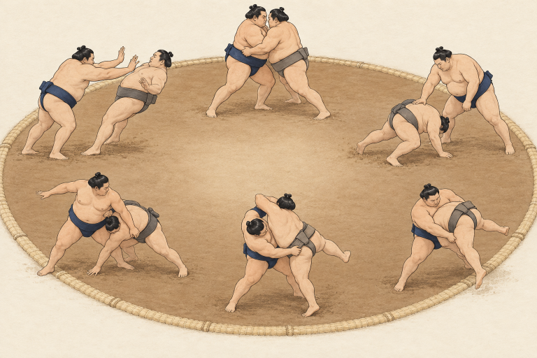 Six pairs of sumo wrestlers demonstrate pushing, force-out, slap-down, thrust-down, and two belt throws around a dohyō