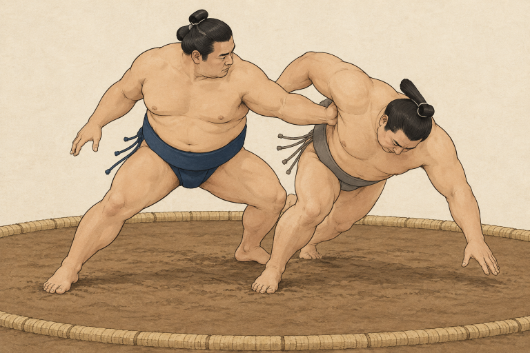 An indigo-mawashi sumo wrestler opens his body and presses one hand into a gray-mawashi opponent’s side to tip him diagonally downward