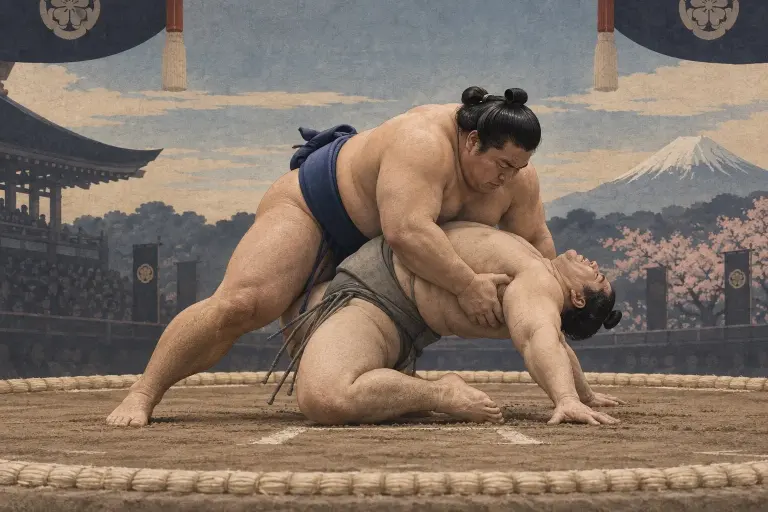 Two sumo wrestlers demonstrate Abisetaoshi, as the winner covers the compromised posture from above and lets body weight finish the fall