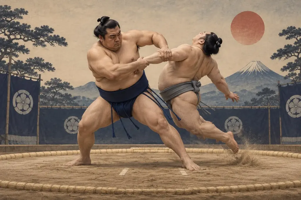 Two sumo wrestlers demonstrate Amiuchi, as the captured arm is drawn across a wide opening turn that sends the opponent behind