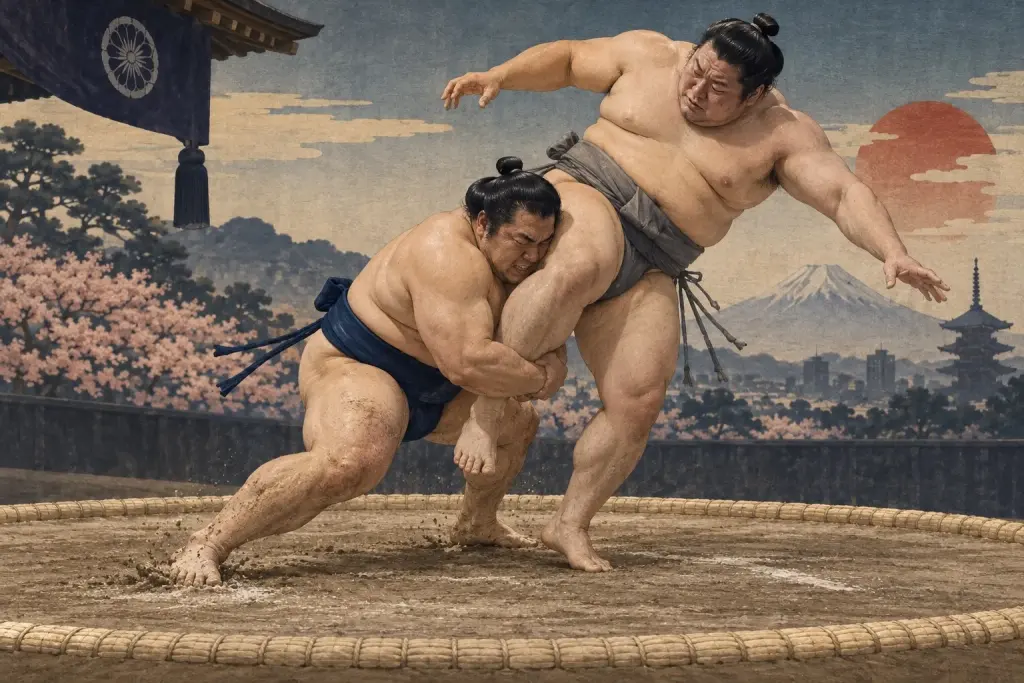 Two sumo wrestlers demonstrate Ashitori, as both arms secure one leg while the attacker’s body rises through the opponent’s base