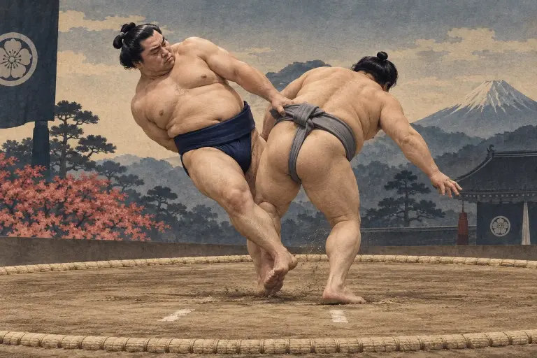 Two sumo wrestlers demonstrate Chongake, as the foot catches the heel with a small toe hook as the torso supplies the turn