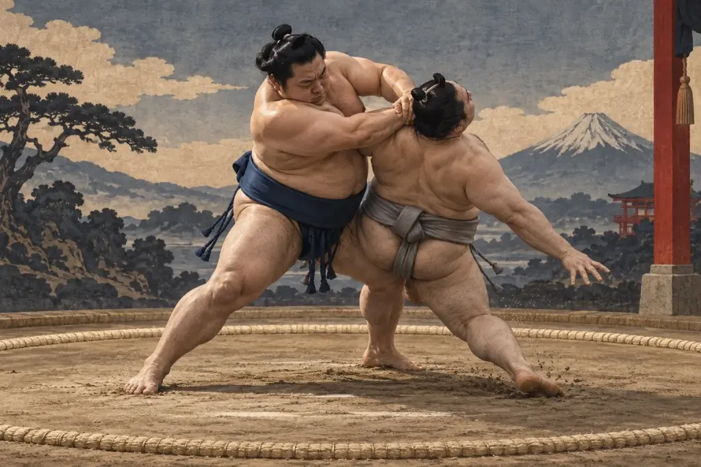 Two sumo wrestlers demonstrate Gasshōhineri, as the hands join in a prayer-like clasp behind the neck before the sideward turn