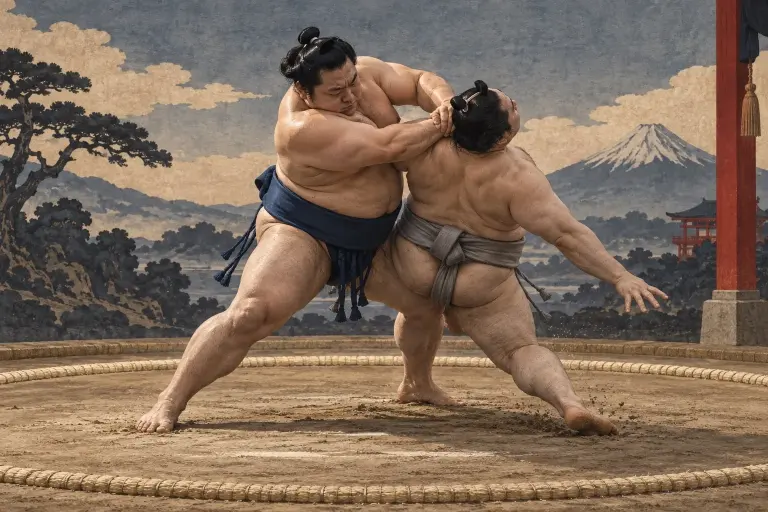 Two sumo wrestlers demonstrate Gasshōhineri, as the hands join in a prayer-like clasp behind the neck before the sideward turn
