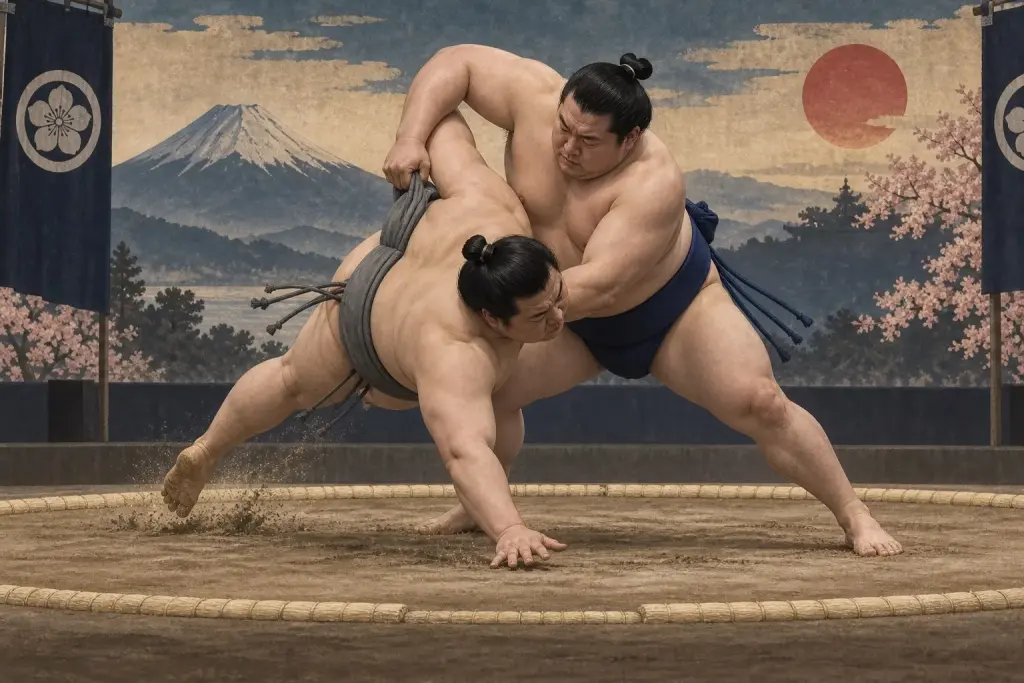 Two sumo wrestlers demonstrate Harimanage, as the gripping arm crosses conspicuously above the head to the far side of the belt