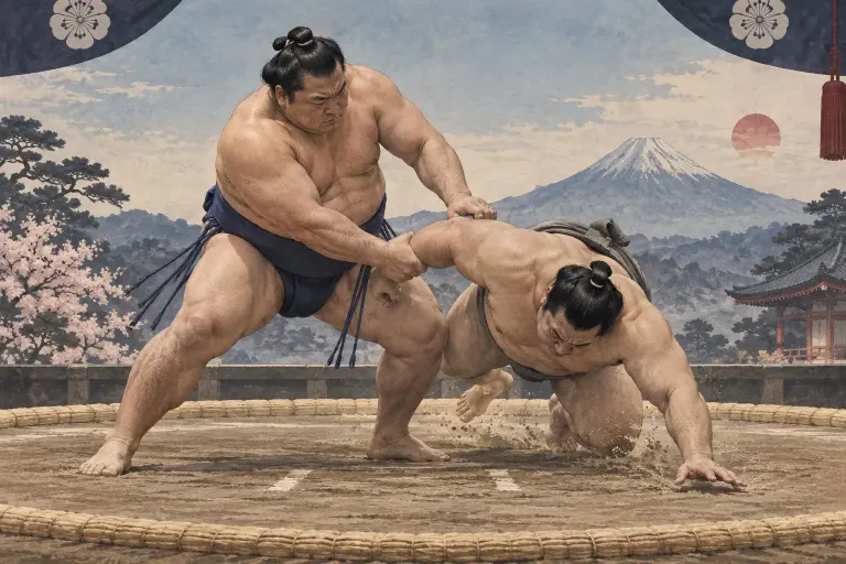 Two sumo wrestlers demonstrate Hikiotoshi, as a direct backward or downward pull breaks the opponent’s forward balance