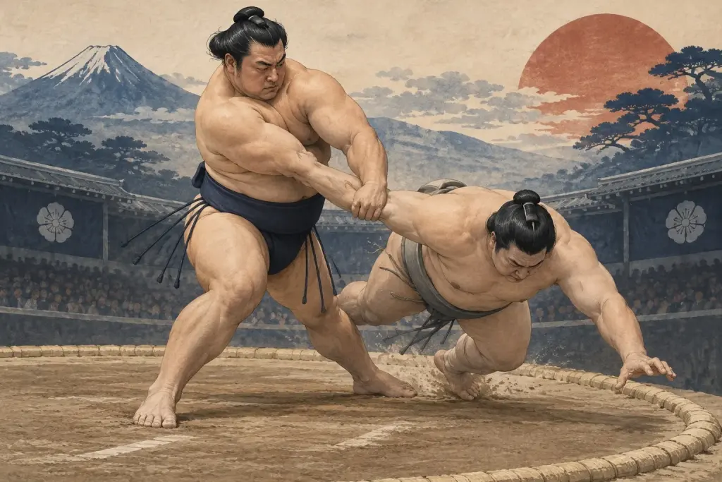 Two sumo wrestlers demonstrate Hikkake, as the opponent’s arm is caught between an inside hook and an outside hand as the attacker pivots