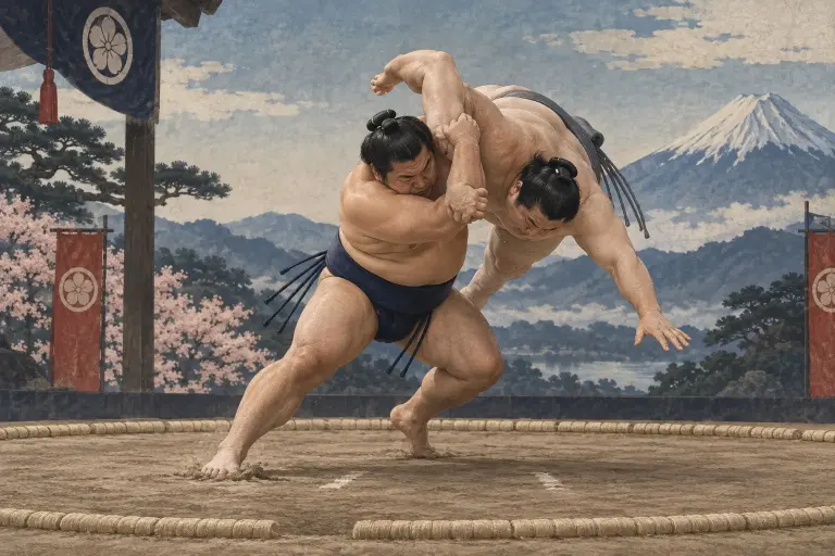 Two sumo wrestlers demonstrate Ipponzeoi, as the captured arm passes over a turned-in shoulder as the opponent is carried forward