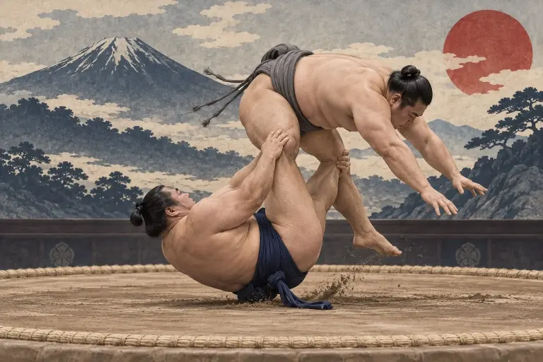 Two sumo wrestlers demonstrate Izori, as both hands lift at the knees while the attacker disappears under the opponent and falls back