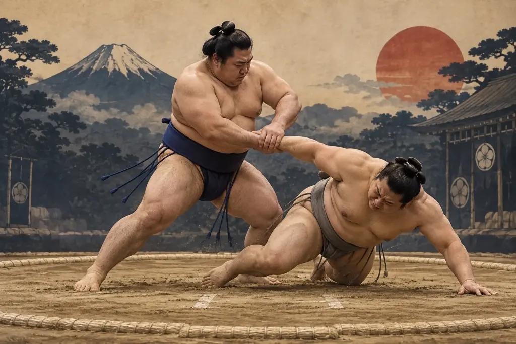 Two sumo wrestlers demonstrate Kainahineri, as the arm is rotated away from the opponent’s body as the attacker turns