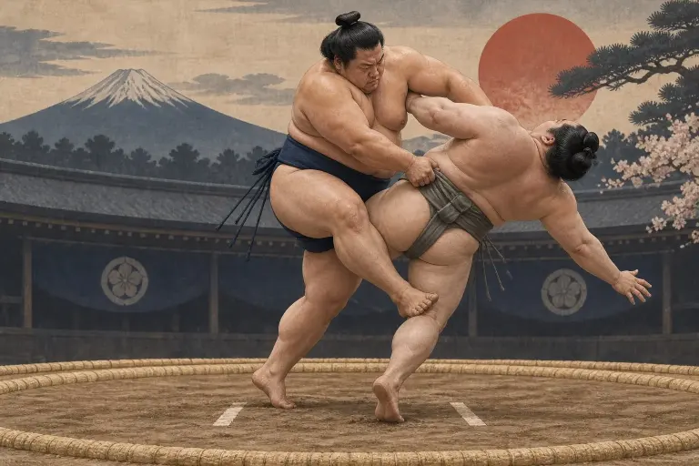 Two sumo wrestlers demonstrate Kakenage, as the inside leg hook rises through the opponent’s thigh during the throw