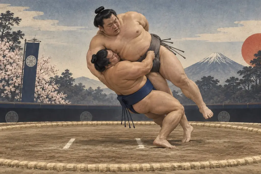 Two sumo wrestlers demonstrate Kakezori, as a low head position and leg hook combine as the attacker falls backward beneath the opponent