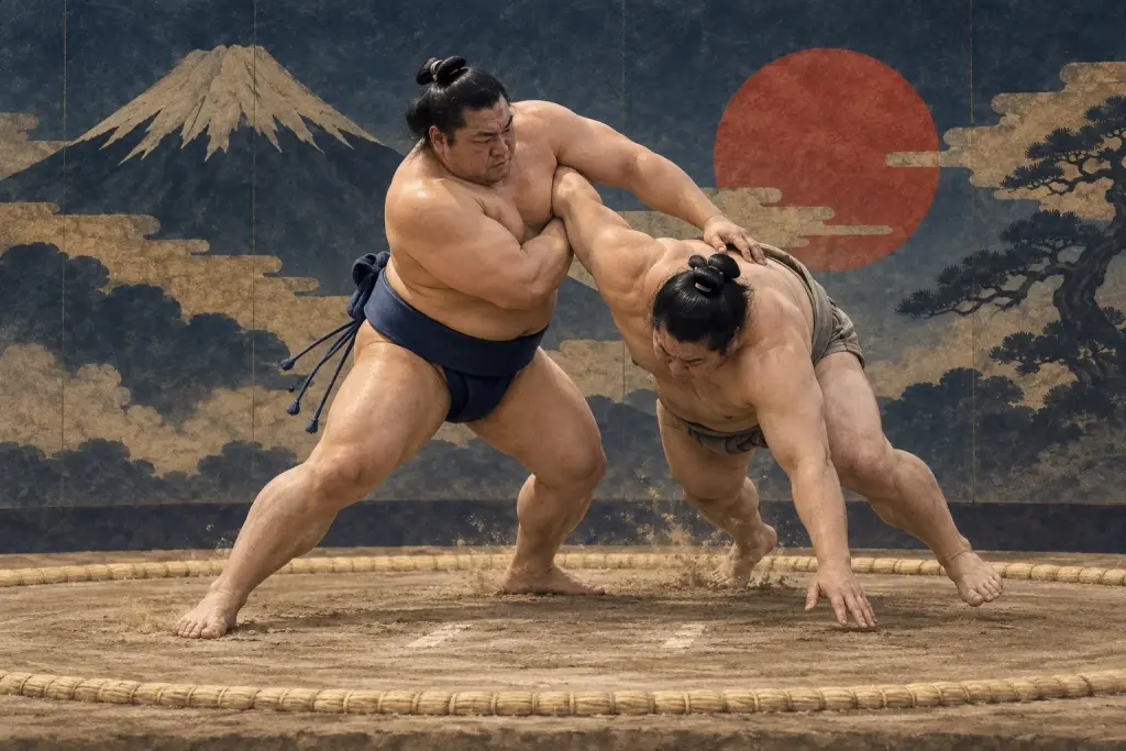 Two sumo wrestlers demonstrate Katasukashi, as the inside hand catches high beneath the shoulder while the other hand guides the opponent down