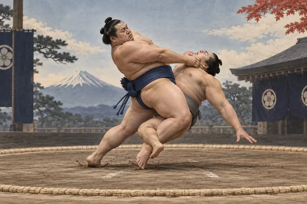 Two sumo wrestlers demonstrate Kawazugake, as the leg entanglement, neck control, and backward arch occur as one compound action