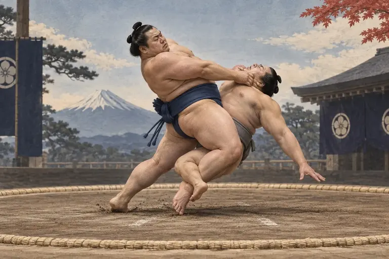 Two sumo wrestlers demonstrate Kawazugake, as the leg entanglement, neck control, and backward arch occur as one compound action