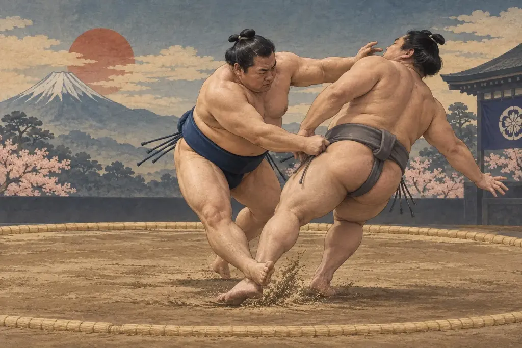 Two sumo wrestlers demonstrate Kekaeshi, as a quick inside-to-outside ankle kick coincides with an upper-body pull or slap