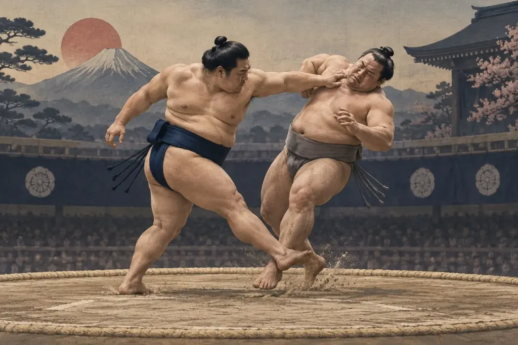 Two sumo wrestlers demonstrate Ketaguri, as the ankle kick happens at tachiai as the attacker evades and redirects the upper body