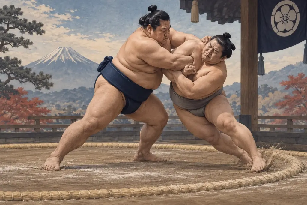 Two sumo wrestlers demonstrate Kimedashi, as the opponent’s inserted arms are immobilized in a joint-tightening clamp during the advance
