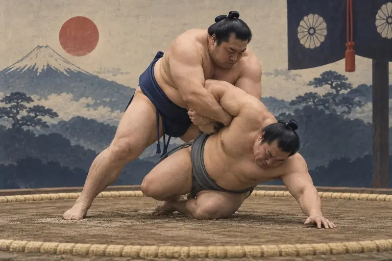 Two sumo wrestlers demonstrate Kimetaoshi, as the same kannuki-style arm clamp ends in a fall rather than an upright exit