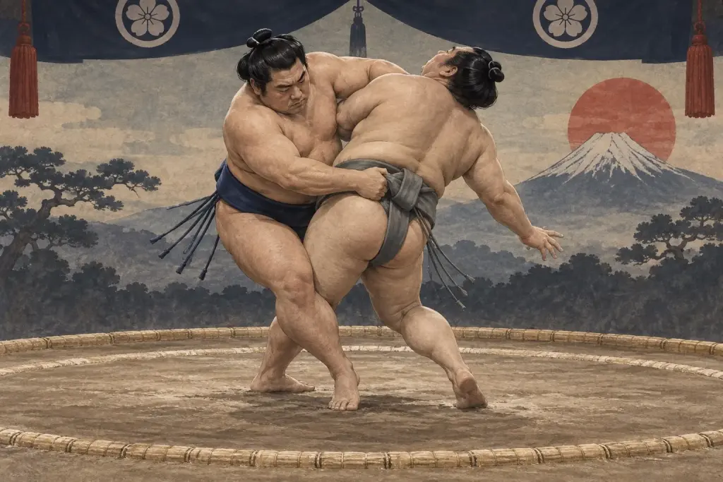Two sumo wrestlers demonstrate Kirikaeshi, as the planted leg props the outside knee rather than hooking around it